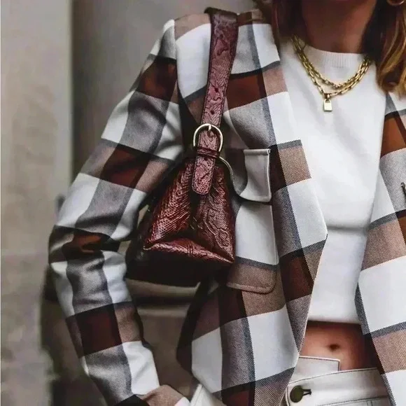 Tibi Dylan Plaid Cream Cropped Jacket Blazer in Ivory Camel Size 12 - Picture 13 of 16